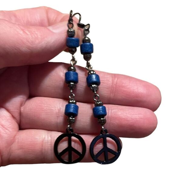Hand Crafted Artisan Earrings Black Blue Peace Sign Long Boho Gothic NEW # 160 - Picture 1 of 8